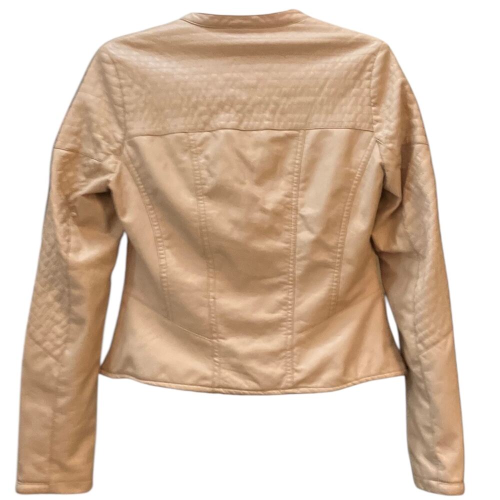 JouJou Women's Beige Faux Leather Full Zip Moto Jacket Zipper Pockets Snaps SZ L - Picture 2 of 11